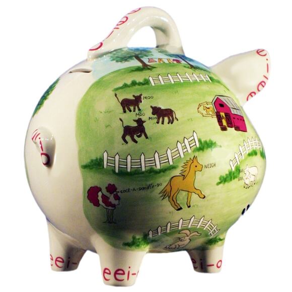 Hand Painted PIGGYBANK EXPRESS Piggy Bank 8" x 6.5" Old MacDonalds Farm Medium - Picture 2 of 10